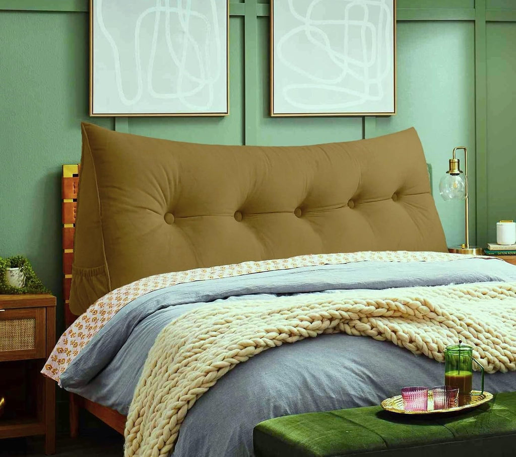 Triangular Reading Bed Rest Pillow Large Bolster Cushion Headboard Backrest Wedge Pillow with Removable Cover and Two Large Side Pockets (Golden Brown, Queen: 59 x 8 x 20 inches)