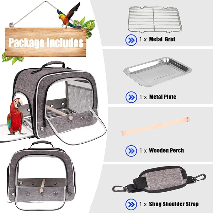 halinfer Bird Carry Carrier to Transport Large Size Parrot, Portable Bag with Metal Tray and Grid for Medium and Large Birds Like African Grey, Long Tail Cockatiel and Parrot