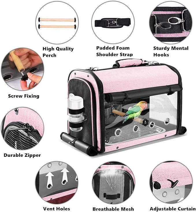 SUERTREE Bird Carrier Bag Bird Travel Cage with Stand, Lightweight Backpack for Parrot, Portable Bird Travel Bag, Pet Transparent Breathable Travel Cage, Pink