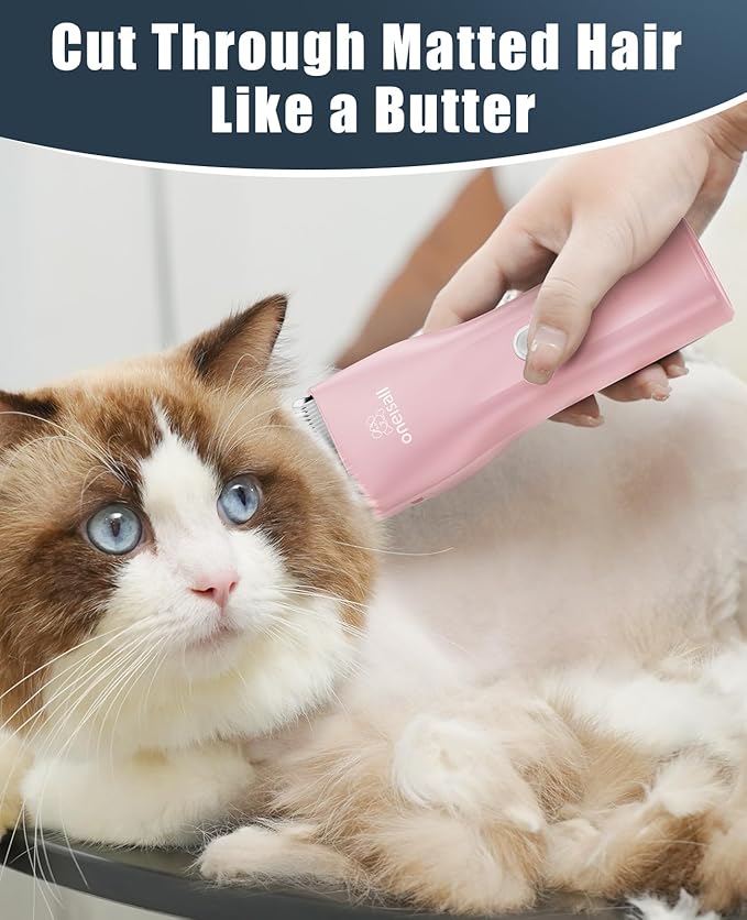 oneisall Pet Clipper for Cat Matted Hair, Pet Shaver for Cats Quiet Pet Clippers Waterproof Cordless Cat Clippers for Matted Hair Long Hair with Storage Bag (Pink)