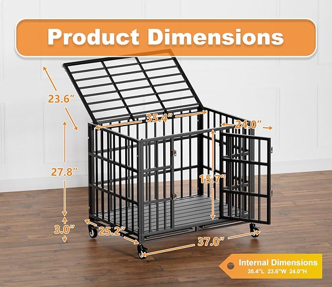 38 Inch Heavy Duty Dog Crate with Wheels,Indestructible Escape-Proof Dog Kennel with Locking Latch and Double Door,Extra Large XL XXL Crate Indoor for Large and Medium Dog with Removable Tray