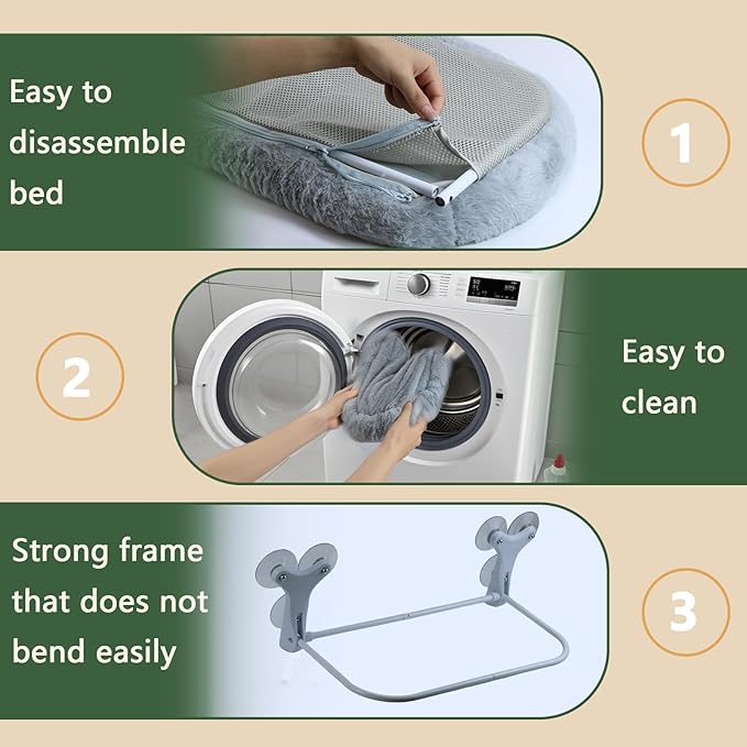 Cat Window Perch with 6 Strong Suction Cups,Mats That can be Switched Between Winter and Summer,Foldable Cordless Cat Beds Can Bear 50LBS Weight (Grey)