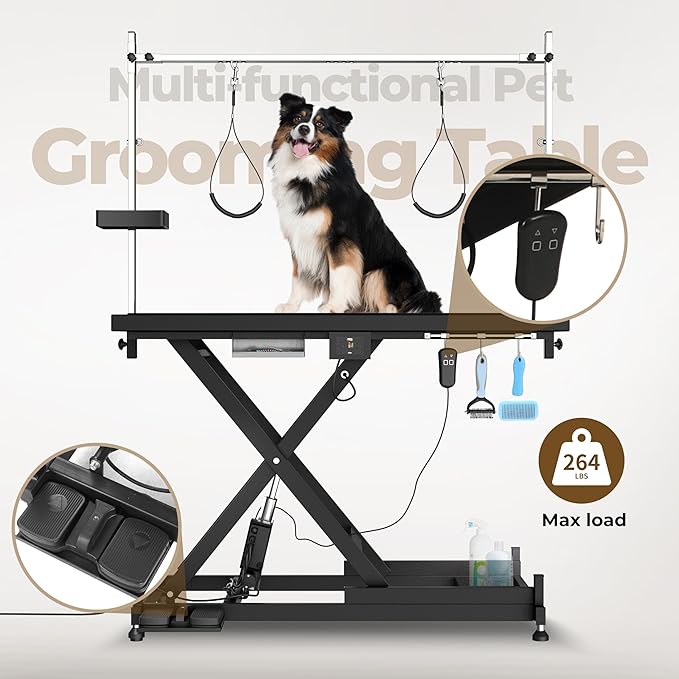 Upgrade Electric Pet Grooming Table Super Deluxe 50'' Heavy Duty Professional for Large Dogs with Overhead Arm, Anti-Skid Rubber Desktop Powerful Motor and Adjustable Height, Black