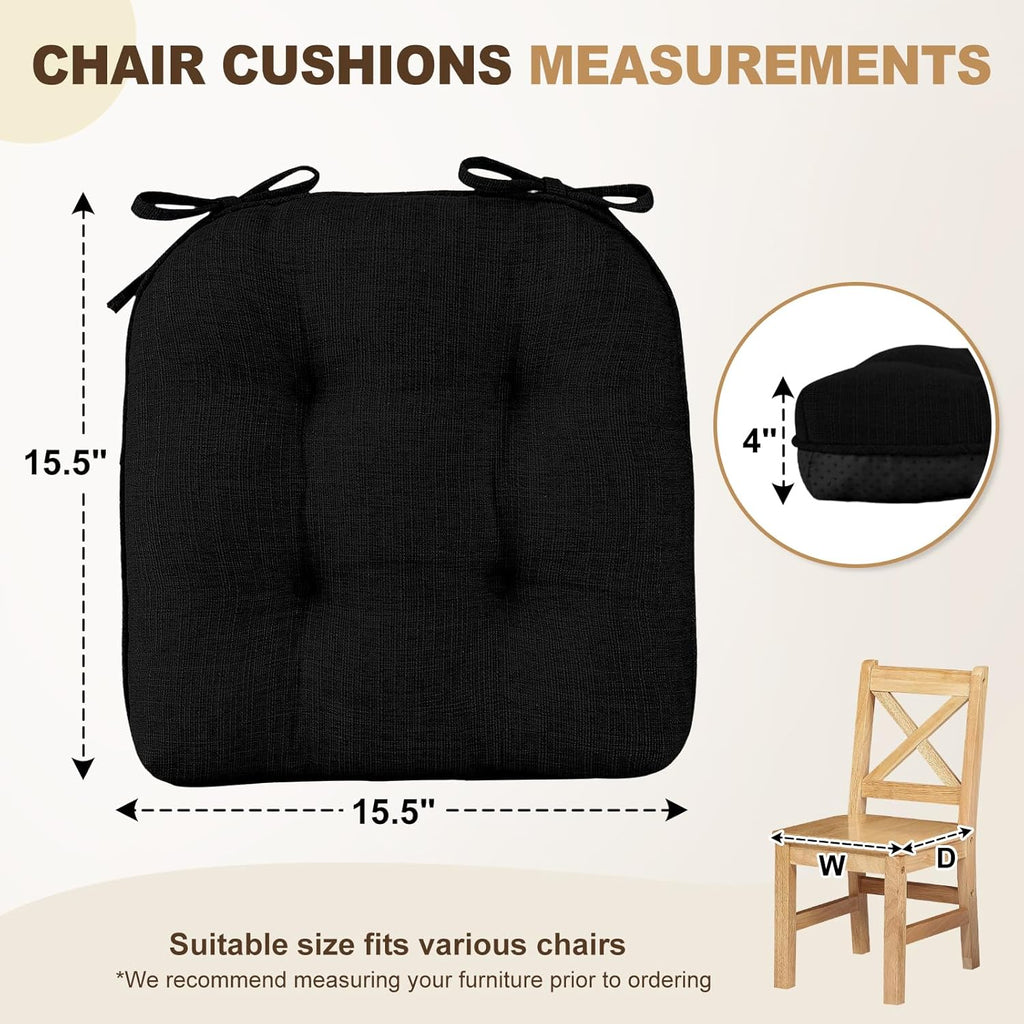 downluxe Indoor Chair Cushions for Dining Chairs, Tufted Overstuffed Textured Foam Kitchen Chair Pads with Ties and Non-Slip Backing, 15.5" x 15.5" x 4", Black, 6 Pack