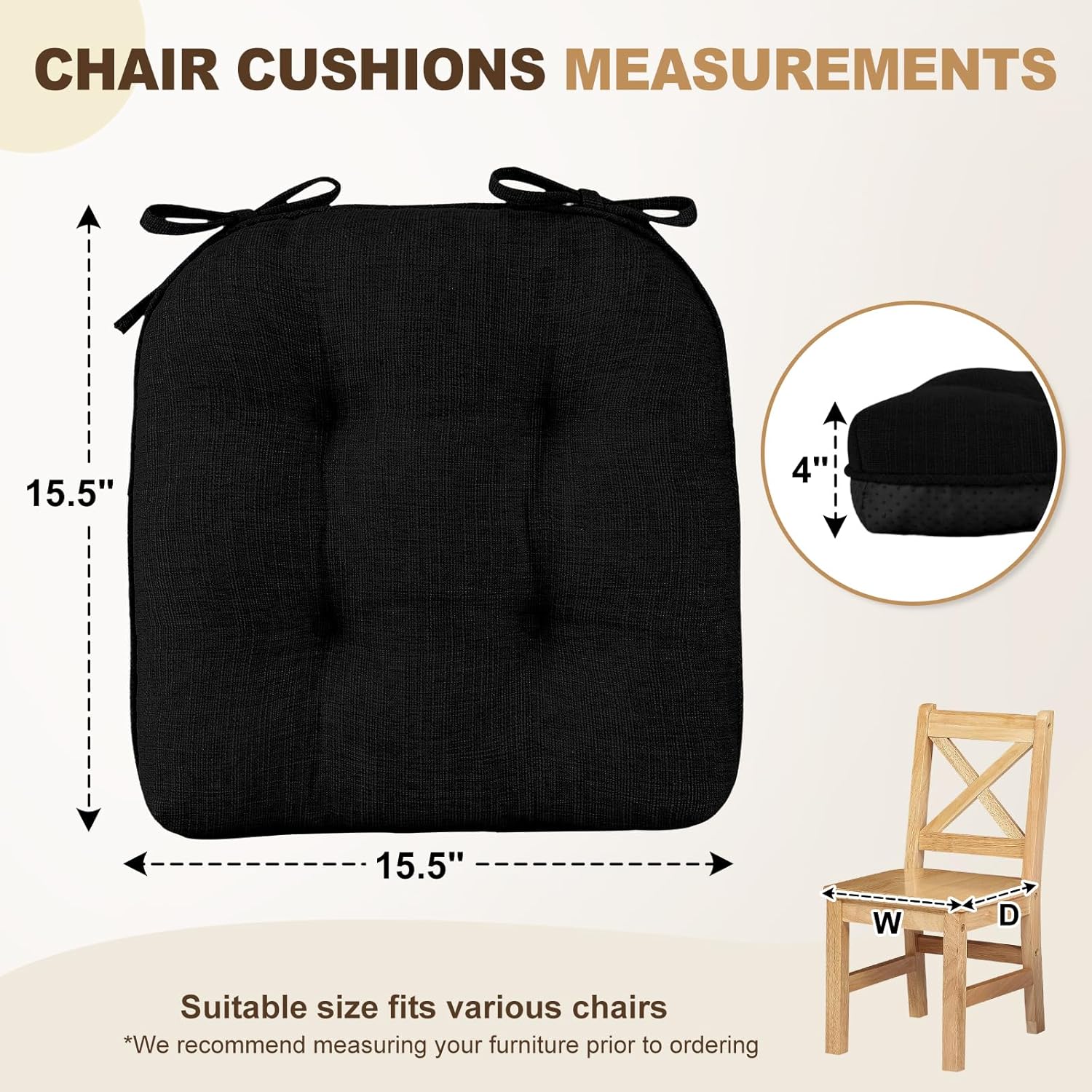 downluxe Indoor Chair Cushions for Dining Chairs, Tufted Overstuffed Textured Foam Kitchen Chair Pads with Ties and Non-Slip Backing, 15.5" x 15.5" x 4", Black, 6 Pack