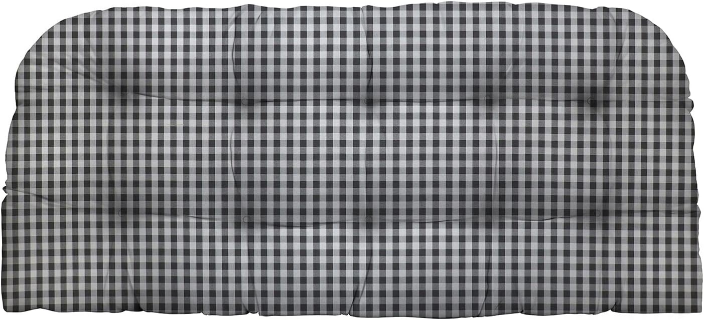 RSH DECOR: Tufted Wicker Loveseat Cushion | 41” x 19" | All-Weather Spun Fabric | Water and Fade-Resistant | Outdoor Settee Cushion for Patio Furniture | Dawson Pewter Black Plaid
