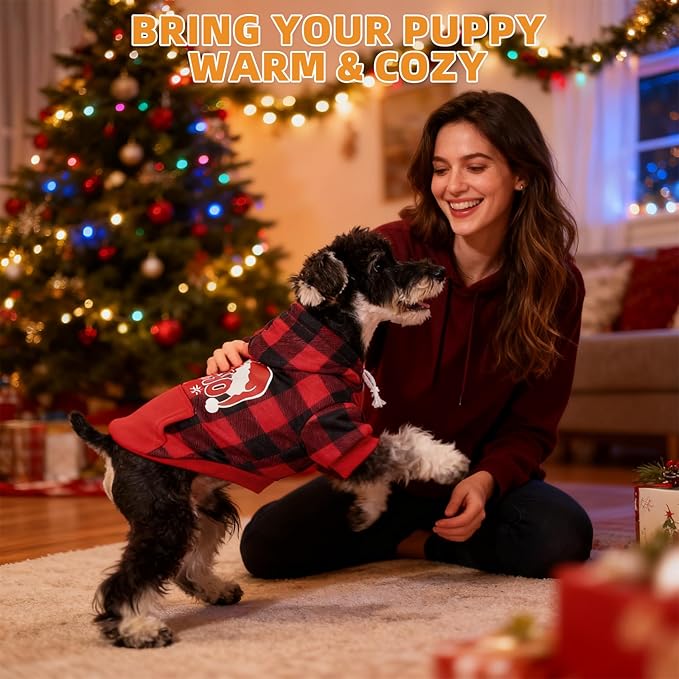 KOOLTAIL Christmas Dog Hoodie, Red Plaid Pet Sweater, Hat Hooded Sweatshirt Dog Clothes for Small Medium Large Dogs Boys Girls, Soft Warm Winter Cold Weather Coat with Leash Hole&Pocket, Santa, L