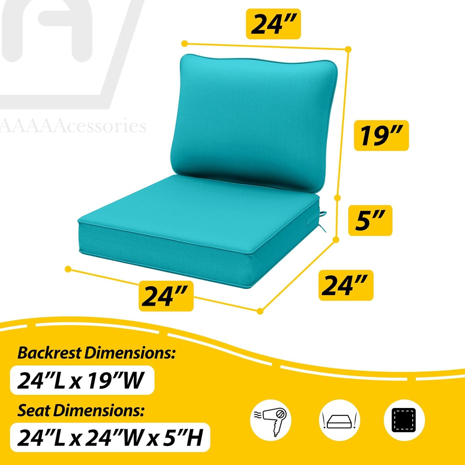 AAAAAcessories Outdoor Deep Seat Cushions, Waterproof, Fade-Resistant Patio Furniture Replacement Cushions, 24" x 24" x 5", Turquoise Blue