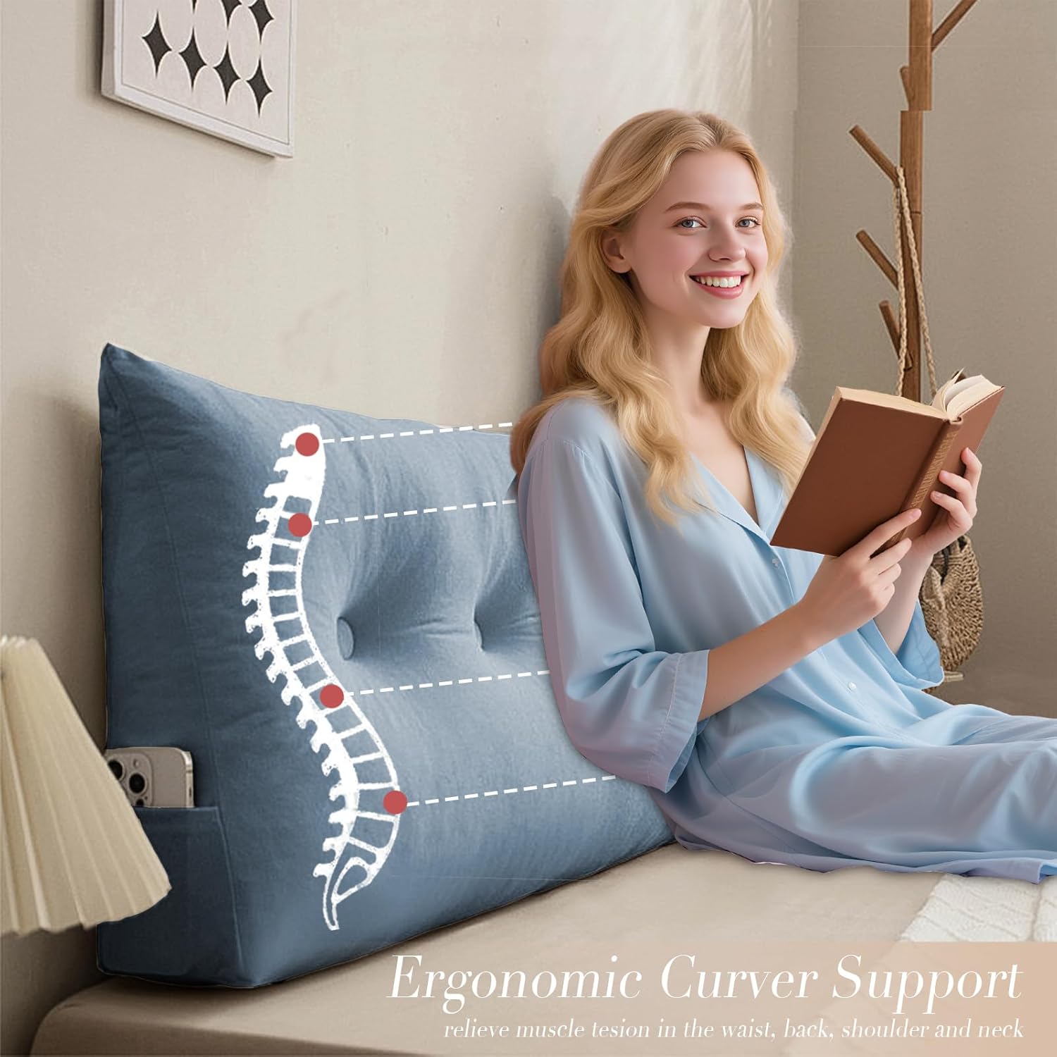 Triangular Wedge Headboard Pillows Twin Headboard Pillow for Colleage Dorm Long Backrest Positioning Support for Sleeping Reading Backrest Pillow with Side Pockets Decorative Pillow