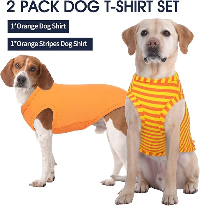 IECOii 2 Pack Dog T-Shirt for Small Dogs | Breathable Stretch Fit for Summer, UV Sun Protection for Chihuahua & Cats, Orange+Stripes,M