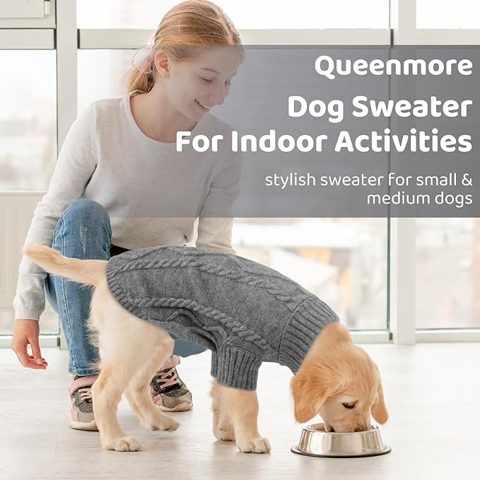 Queenmore Small Dog Pullover Sweater, Cold Weather Cable Knitwear, Classic Turtleneck Thick Warm Clothes for Chihuahua, Bulldog, Dachshund, Pug (Slate Grey, X-Small)