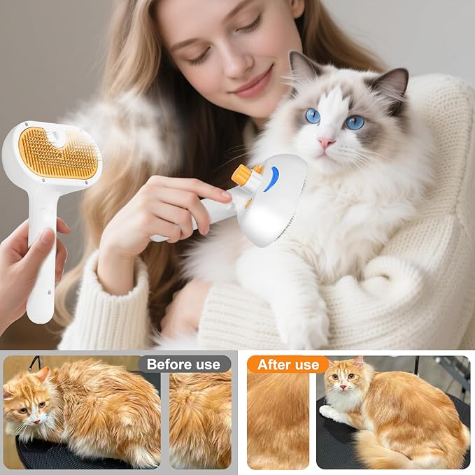 Cat Steam Brush, Pet Steam Brush for Cat & Dog, Mist Spray Comb, Spritz Defur Tool, Water Grooming Kit, Dog Hair Removal Steam Cleaner with Release Button