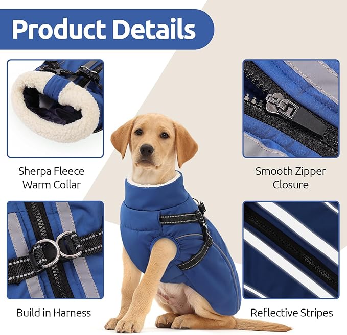 Dog Winter Coat with Harness Built in Warm Puffer Dog Jackets for Small Medium Large Dogs Windproof Waterproof Outfit with Plush Lining and Reflective Stripes (Blue, XL)