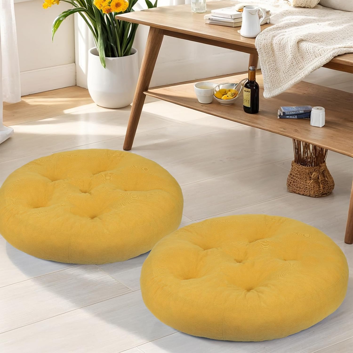 Meditation Floor Pillow Set of 2, Round Large Pillows Seating for Adults, Tufted Corduroy Cushion for Tatami Living Room, 22x22 Inch FP-Yellow-R