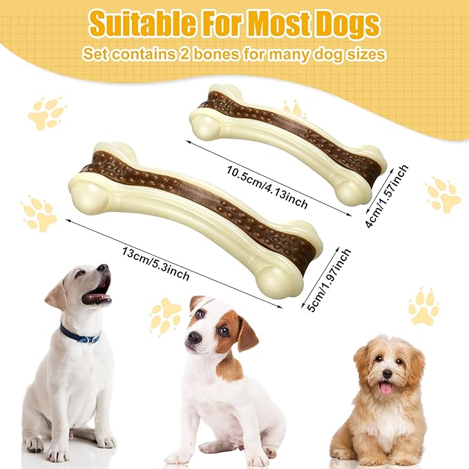 Sosation Bones Shaped Dog Toys for Aggressive Chewers, 2 Pack Dog Chew Toys Puppy Teething Nylon Beef Flavor for Large/Medium/Small Puppies Breeds(Curved Bone,Medium, Small)