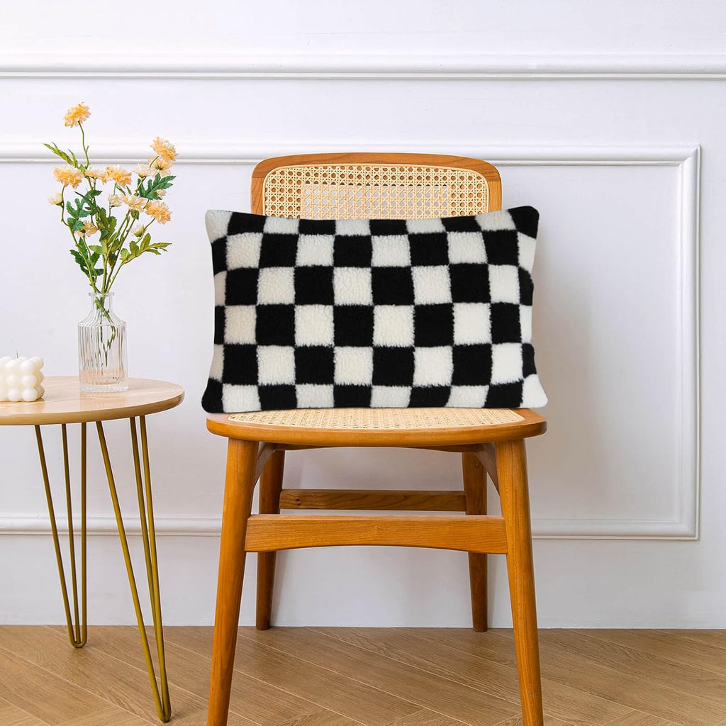 AmHoo Pack of 2 Decorative Throw Pillow Covers Checkerboard Luxury Super Soft Faux Fur Wool Set Case Cushion for Couch Sofa Bedroom 12 x 20-Inch Black