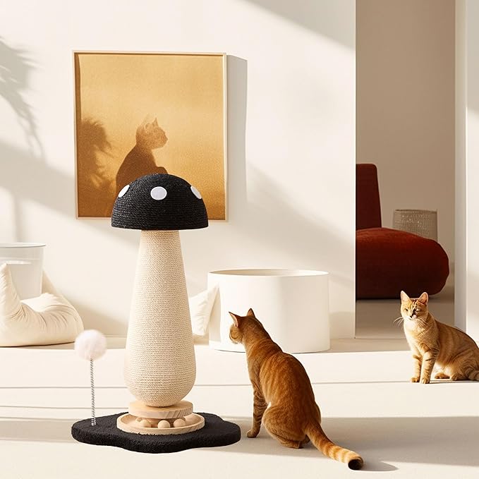 21.5‘’ H Cat Scratching Post with Catnip,Cute Mushroom Cat Scratcher Post with Durable Natural Solid Wood Turntable Toy, Solid Black Mushroom Shape Cat Toy Cat Sisal Scratcher for Indoor Cats