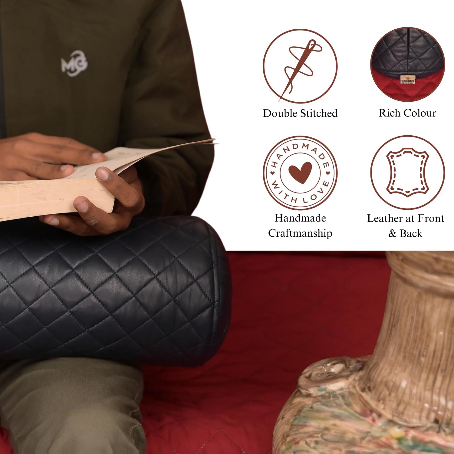 Neck Roll Pillow Cushion Cover, 14x6 Inch Full Moon Round Bolster Pillow Case, Cylinder Soft Lambskin Leather Pillowcase for Head, Spine & Neck Support During Sleep - Quilted Gun Metal Blue Pack of 1