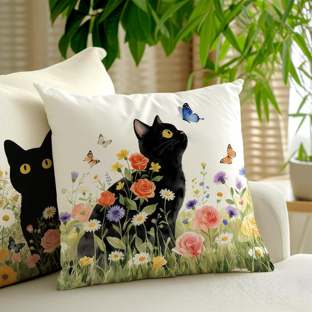 2 Pcs Floral Black Cat Pillow Cover, Vintage Black Cats Flowers Throw Pillow Covers Spring Summer Boho Cushion Cover, Suitable for Couch Sofa Bedroom Apartment Dorm Living Room Office Home Decor