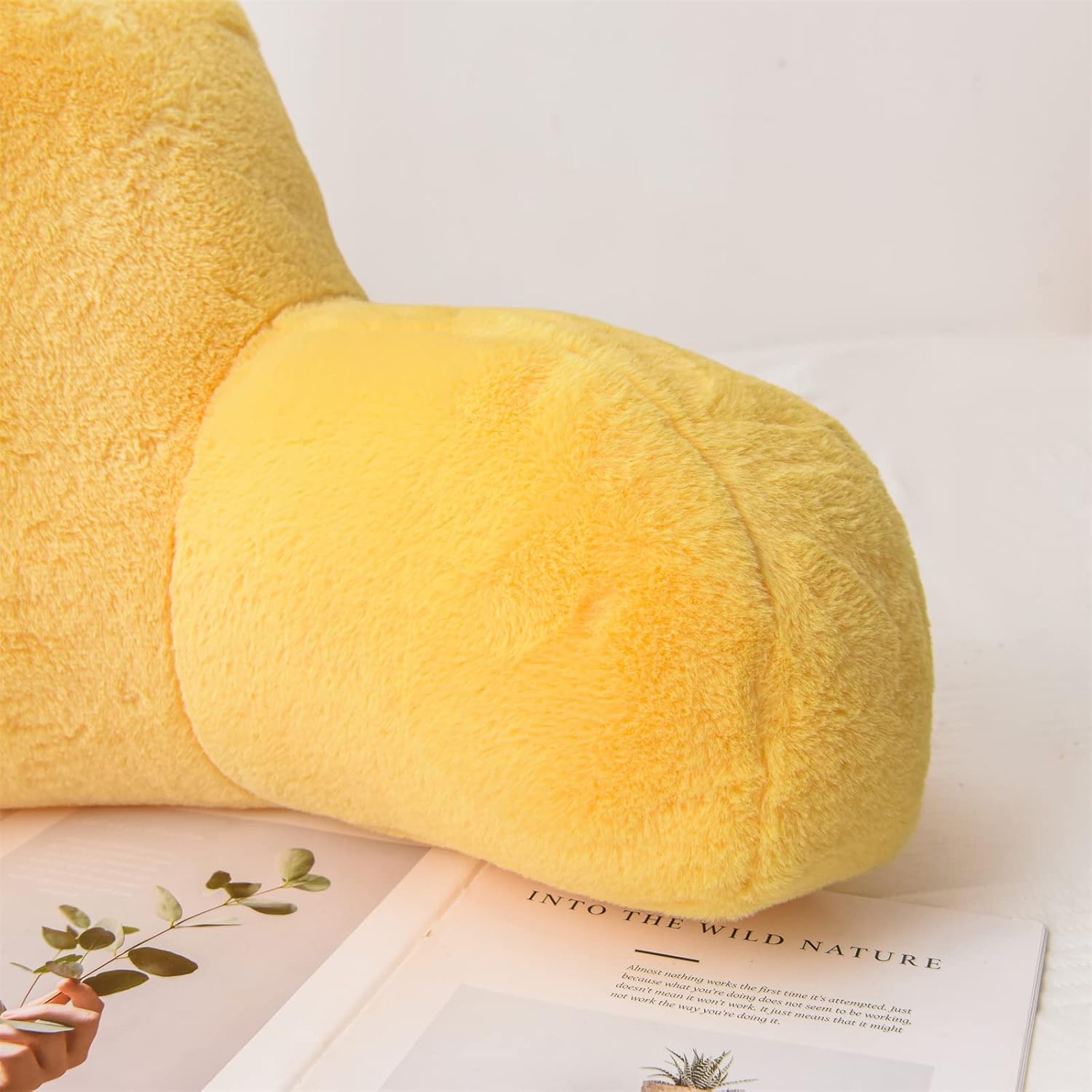 A Nice Night Faux Fur Reading Pillow Bed Wedge Large Adult Children Backrest with Arms Back Support for Sitting Up in Bed/Couch for Bedrest,Yellow