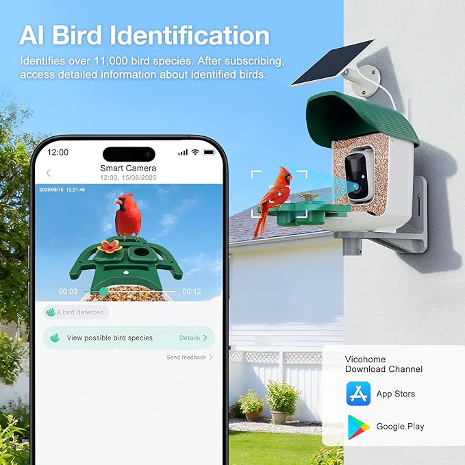 Smart Bird Feeder with 3MP HD Camera & AI Identify, Hummingbird Feeder with Solar Panel, Supports Two-Way Audio, Instant Arrival Alerts, Birdhouses for Outdoors, Gifts for Bird Lovers, Green