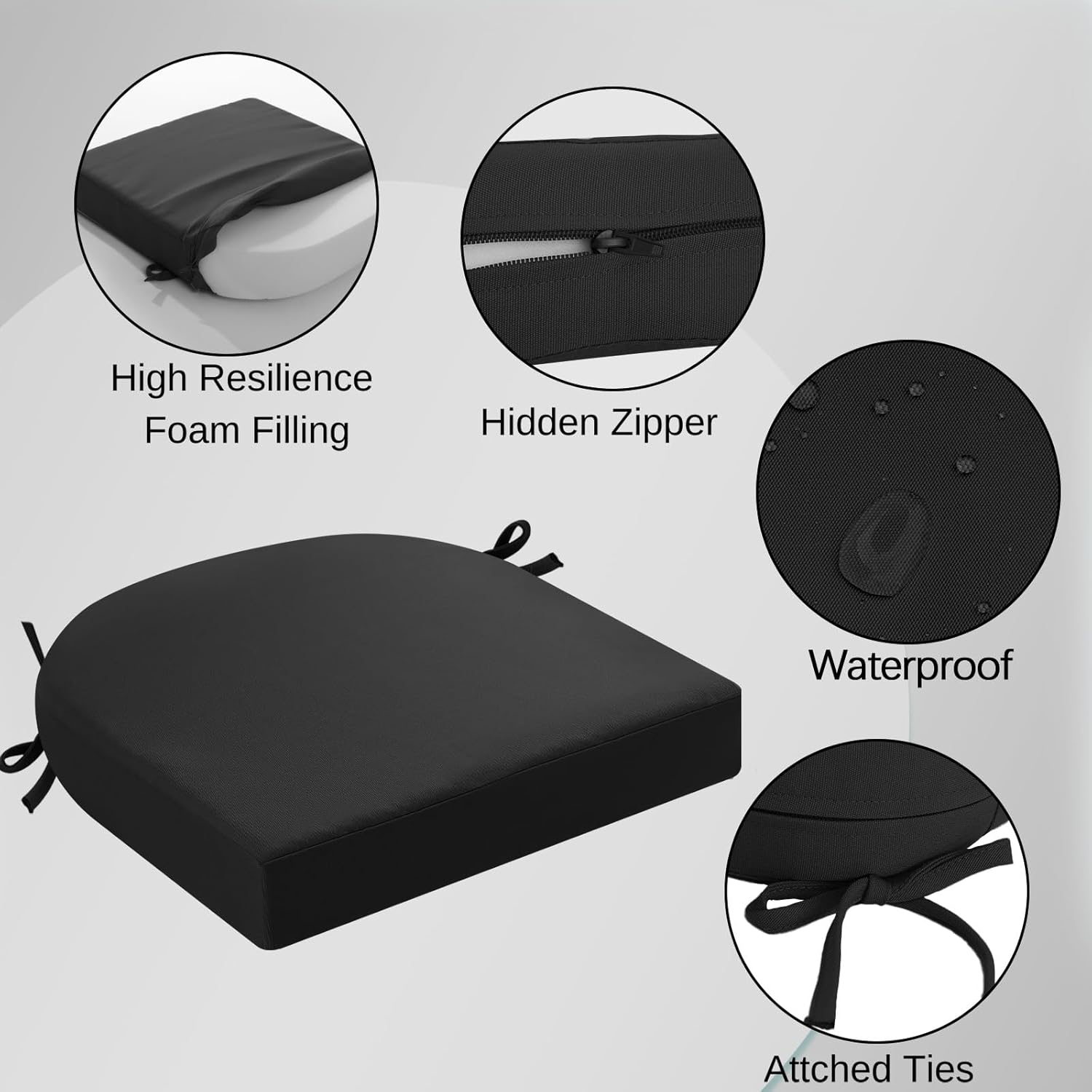 idee-home Outdoor Chair Cushions Set of 2, Thick 17" x 17" x 3" Outdoor Seat Cushion Patio Furniture Waterproof with Ties, Patio Chair Pads Dining Black