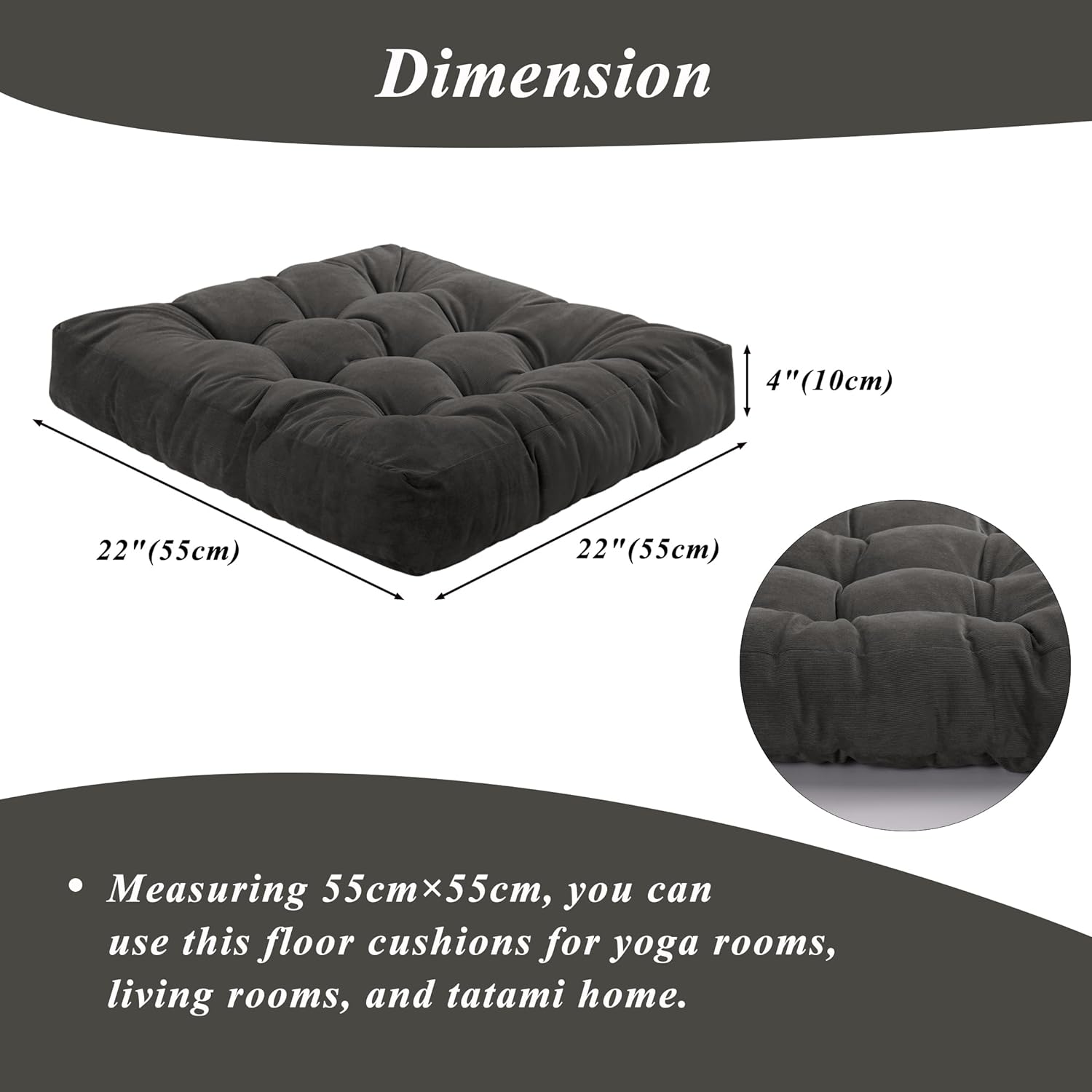 Meditation Floor Pillow 22×22 Inch 2 Pack Large Floor Cushions for Adults Square Tufted Corduroy Floor Pillows for Yoga Living Tatami Room Dark Grey