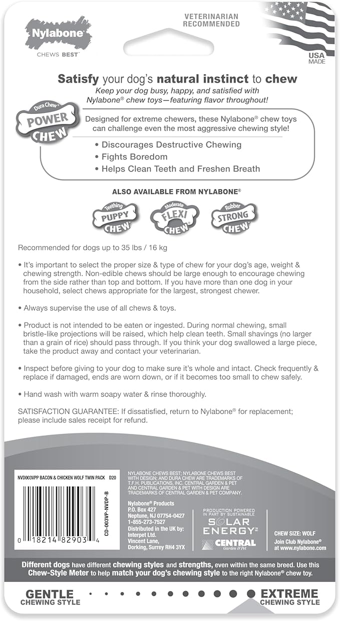 Nylabone Original Bone Power Chew Toy for Dogs, Durable Dog Toys for Aggressive Chewers, Basted Blast Bacon & Chicken Flavor, Medium - Up to 35 lbs, 2 Pack