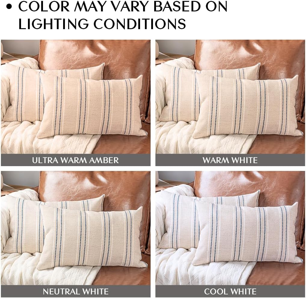 AELS 12x20 Decorative Farmhouse Linen Throw Pillow Covers, Boho Textured Pillow Case, Set of 2, Beige with White & Navy Blue Stitch Yarn Dyed Stripe Cushion Cover for Couch Living Room (Cover ONLY)