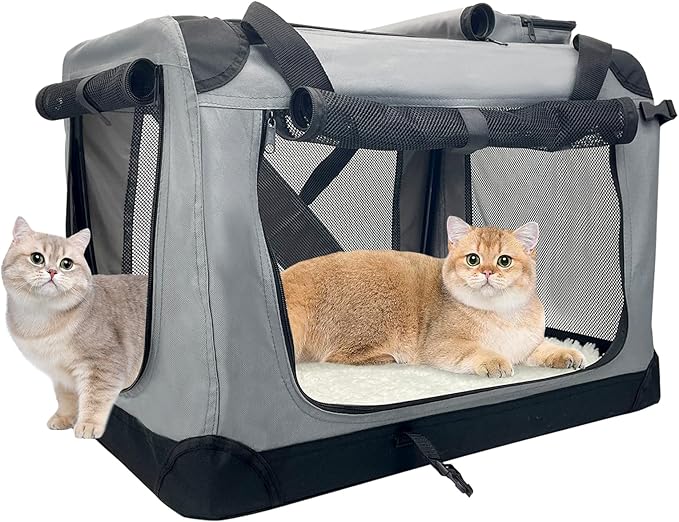 Fhiny Large Cat Carrier for 2 Cats, 24"x17"x17" Soft Dog Crate Collapsible Portable Travel Pet Carrier Bag Durable Breathable Foldable Kitten Carrier Bag for Puppy Cats Under 45 Lbs Grey