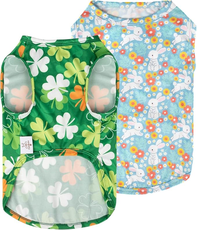 CuteBone Dog Shirts 2-Pack St.Patrick's Day & Easter Soft Pet Clothes Breathable Summer Vest for Small Puppy and Stretchy Cat Apparel 2BX12L
