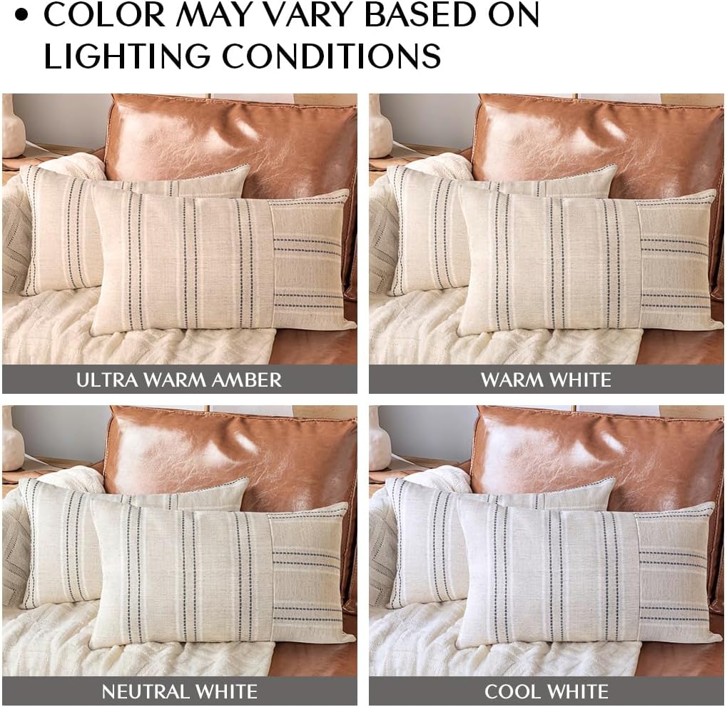 AELS 12x20 Decorative Farmhouse Linen Throw Pillow Covers, Boho Rectangle Lumbar Pillow Case, Set of 2, Beige with White & Gray Stripe Patchwork Cushion Cover for Sofa Couch Living Room (Cover ONLY)