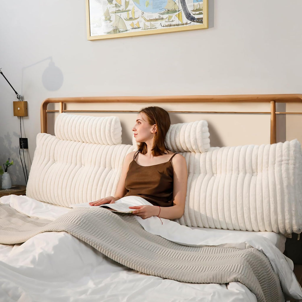 Faux Fur Headboard Pillow King Size, Triangular Wedge Backrest with Removable Head Roll & Side Pocket, Reading Pillow for Bed, Couch, Floor - Ergonomic Support for Neck, Back, Ivory