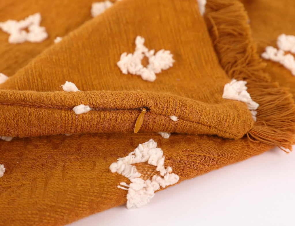 Boho Long Lumbar Pillow Cover 14x20 with Tassel,3D Flower Patterned Cotton Decorative Long Lumbar Pillow Cover Pillow Case for Sofa Couch Bed Livingroom Farmhouse,Rust Red