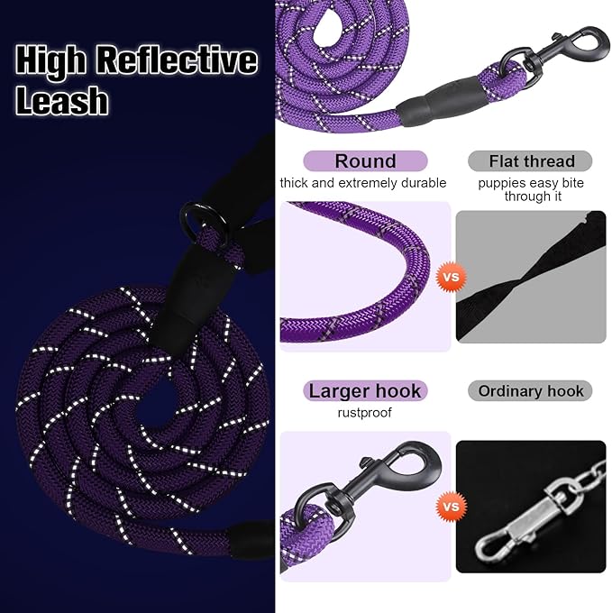 BEAUTYZOO Heavy Duty Rope Dog Leash 6 Pack, 5FT Nylon Pet Lead With Reflective Thread, Soft Padded Handle for Large Medium Dogs Small Puppy