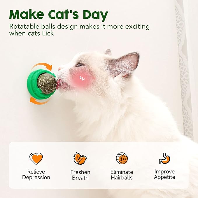 Potaroma Catnip Toys Balls 4 Pcs, Extra Cat Energy Ball, Edible Kitten Silvervine Toys for Cats Lick, Healthy Kitty Teeth Cleaning Dental Chew Toys, Cat Wall Treats (Green)