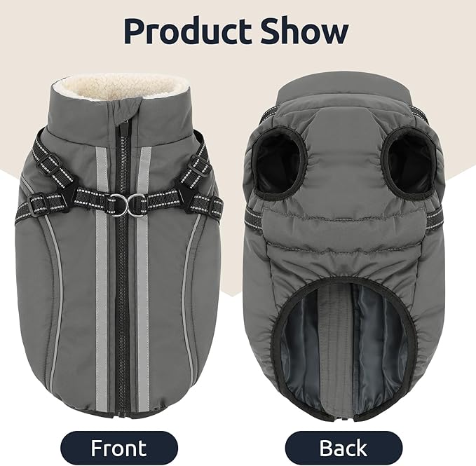 Dog Winter Coat with Harness Built in Warm Puffer Dog Jackets for Small Medium Large Dogs Windproof Waterproof Outfit with Plush Lining and Reflective Stripes (Grey, 3XL)
