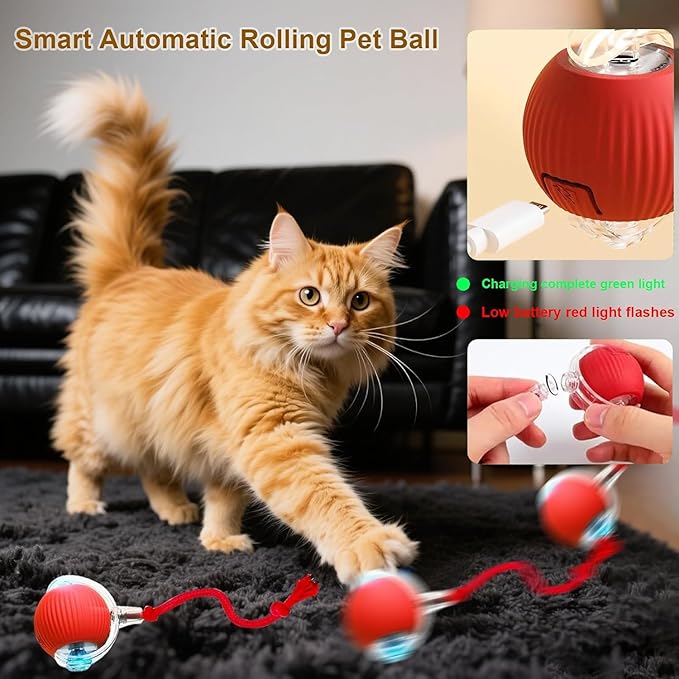 Durable Interactive Cat Toys for Indoor Cats, Smart Automatic Cat Chase Ball Toy, Upgraded Speedy Tail Kitten Toy for Bored Indoor Adult Pets (Red)