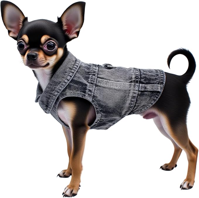 Puppy Clothes for Small Dogs Boy,Classic Western Denim Dog Coat,Dog Jeans Jacket with Leash D-Ring,Pet Cat Costumes,Cooling Harness Vest for Walking (Black, Medium)