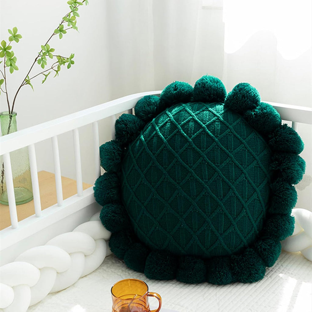 Acrylic Knitted Round Throw Pillow Knitting Bohemian Circular Cushion Pillow with Knit Handmade Pompoms Decorative Dark Green, Diameter 18inches
