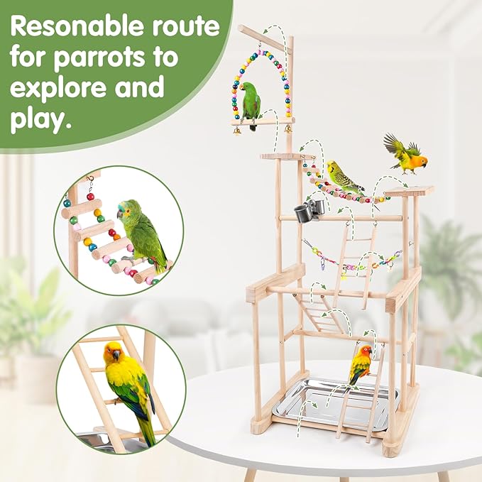 Bird Playground 4 Layer, Parrot Playground Bird Play Stand for Parakeet Conure Cockatiel Lovebird Budgie, Parrot Playstand with Feeder Cups, Ladder, Chain Toy, Swing and Detachable Tray