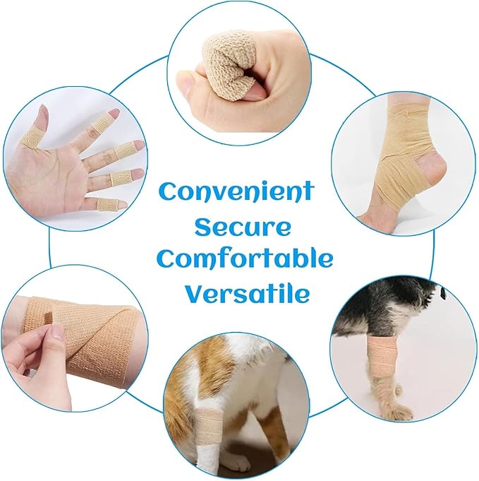 6 Rolls Elastic Self Adhesive Bandage Wrap 4 Inch, Breathable Non Woven Cohesive Bandage, Vet Wrap for Dogs, Ankle Sprains Swelling Medical First Aid Tape, Sports Athletic Tape Brown