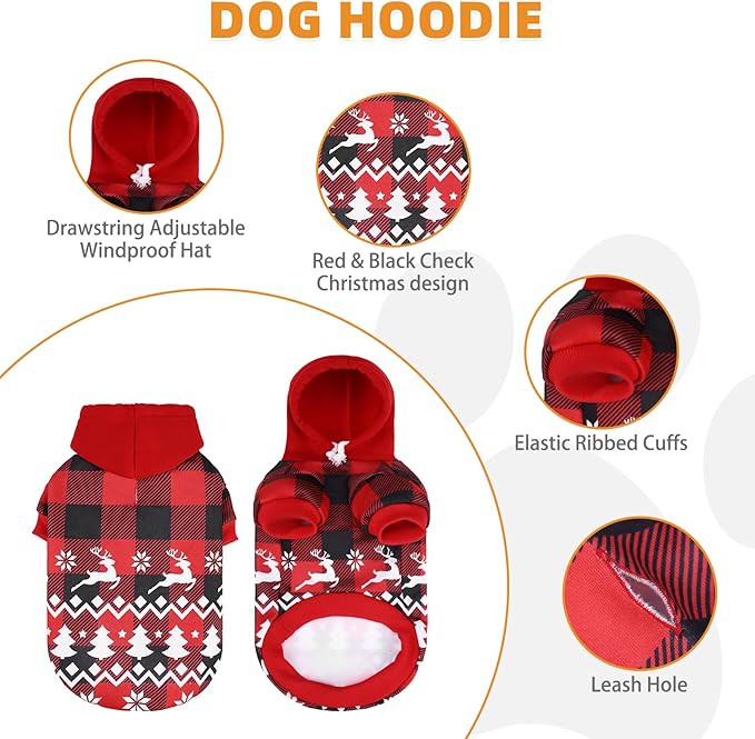 KOOLTAIL Christmas Dog Hoodie, Red Plaid Pet Sweater, Hat Hooded Sweatshirt Dog Clothes for Small Medium Large Dogs Cats, Soft Warm Winter Cold Weather Coat with Leash Hole&Pocket,Reindeer Snowflake,S