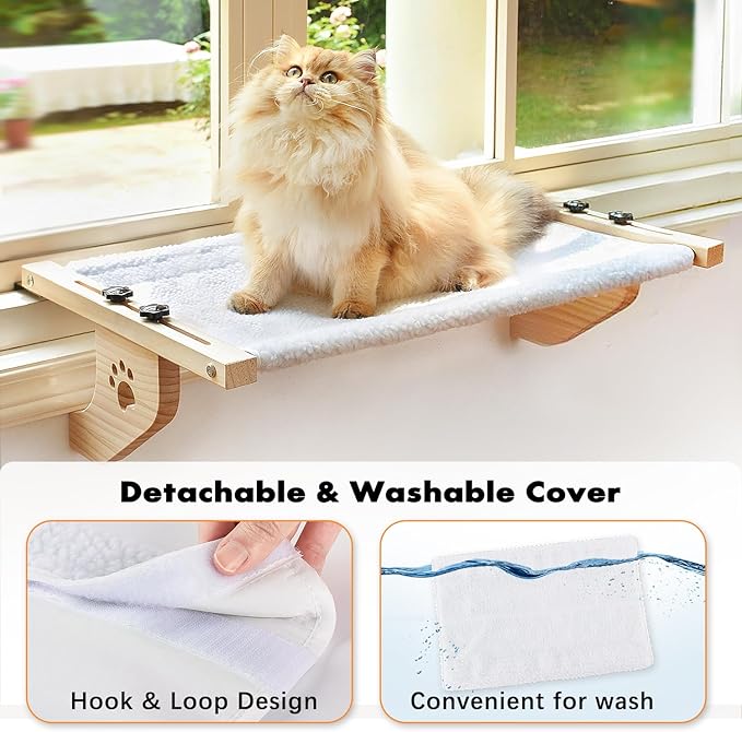 AMOSIJOY Cat Sill Window Perch Sturdy Cat Hammock Window Seat with Wood & Metal Frame for Large Cats, Easy to Adjust Cat Bed for Windowsill, Bedside, Drawer and Cabinet (24.4''-White Plush)