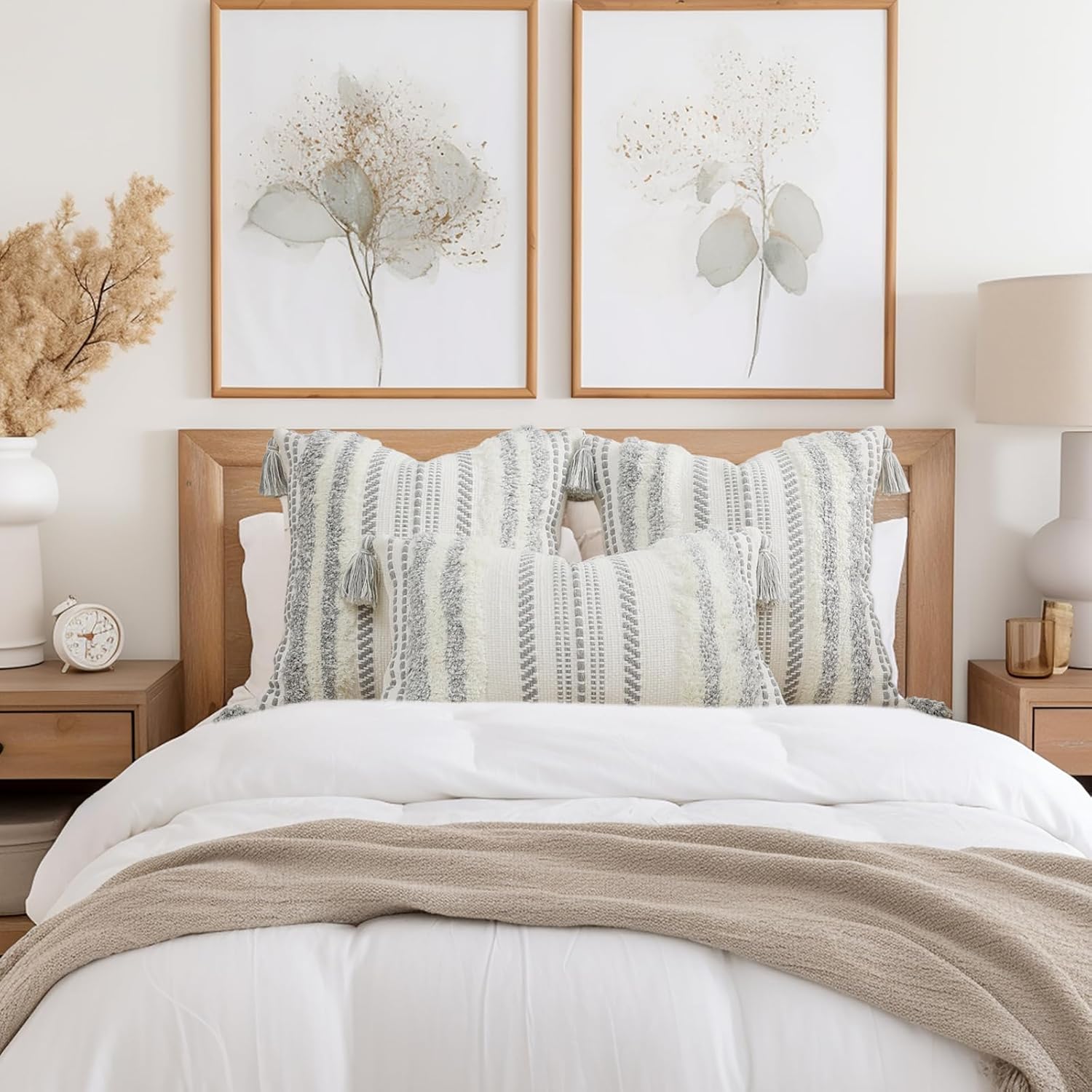 decorUhome Decorative Boho Throw Pillow Covers 18x18 Set of 2, Accent Neutral Textured Tufted Pillow Covers Striped for Couch Bed Sofa Living Room, Grey and Cream White