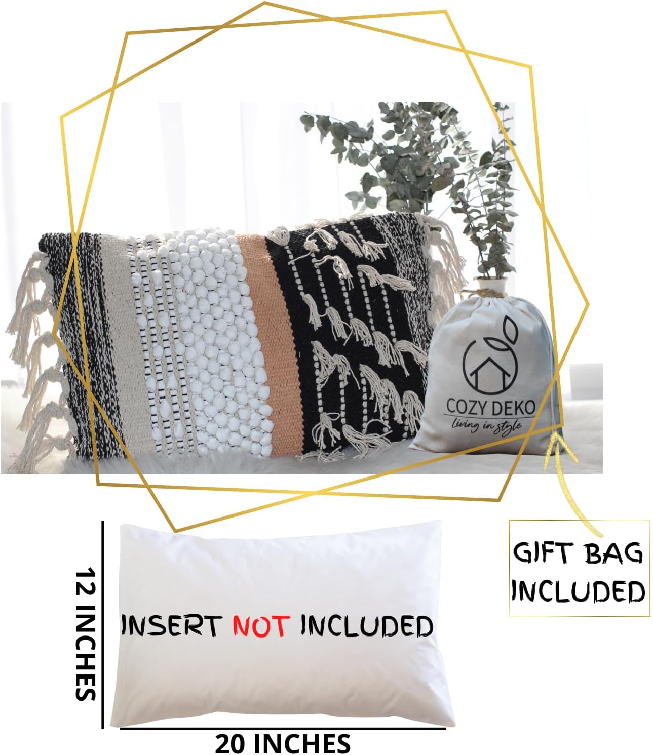 Decorative Boho-Chic Premium Pillow Cover 12x20 Handwoven Tufted Cotton Lumbar Accent Pillows, Neutral Earthly Color Throw Cushion, Farmhouse & Bohemian Home Decor (Limited Edition-Cover Only)