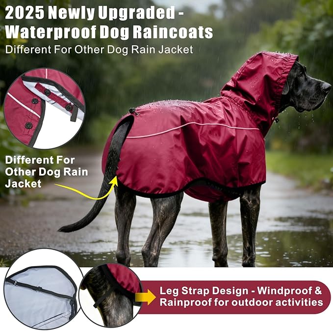 Mosucoirl Dog Raincoat Jacket Reflective Adjustable Hooded Pet Poncho Rain Coats with Leash Hole Waterproof Clothes for Small Medium Large Dogs (Red, XXL)