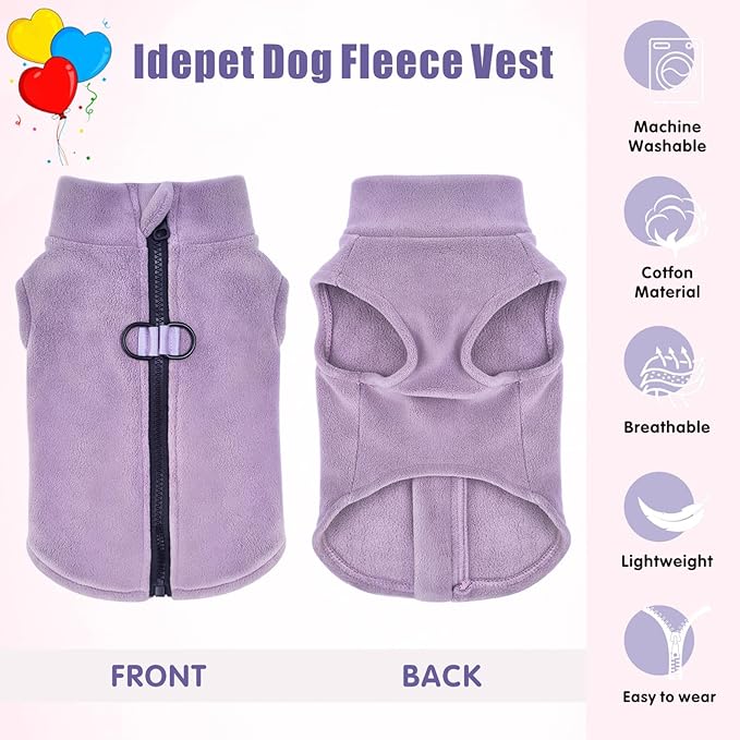 Idepet Dog Fleece Vest Sweater Zip Up Warm Pullover Dogs Jacket with D-Ring Leash Winter Cold Weater Coat Pet Sweatershirt Clothes Hoodie for Small Medium Dogs Boy Girl (Purple, XS)