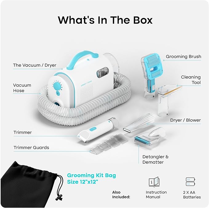 Uproot Clean Pet Groomer Vacuum Kit 7 in 1 - Cat & Dog Grooming Kit with Brush, Detangle, Deshed, Trim, Clean, & Dry Attachments - Complete Cat & Dog Grooming Vacuum for Shedding Pets