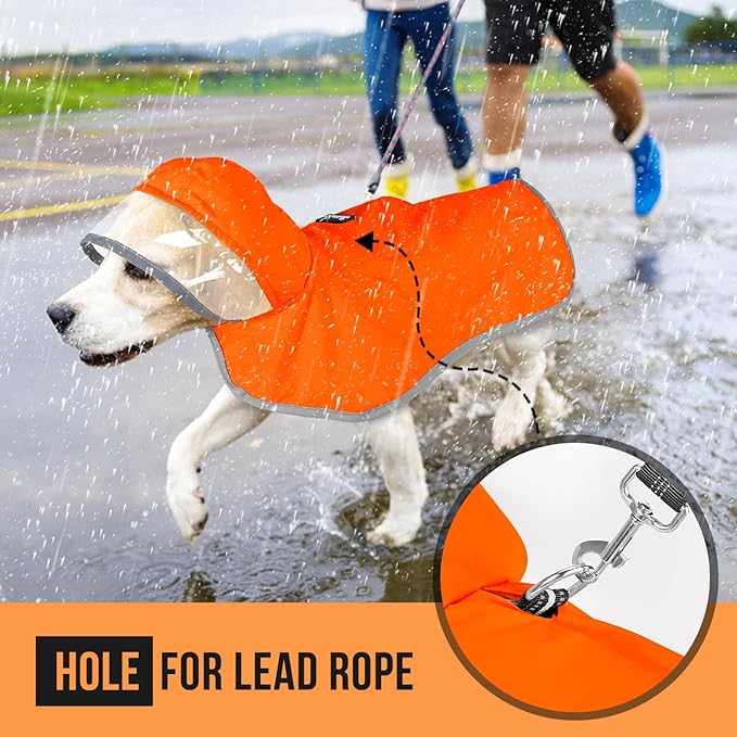 SlowTon Dog Raincoat, Adjustable Dog Rain Jacket Clear Hooded Double Layer, Waterproof Poncho with Reflective Strip Straps and Storage Pocket for Small Medium Large Dogs Puppies(OR XL)